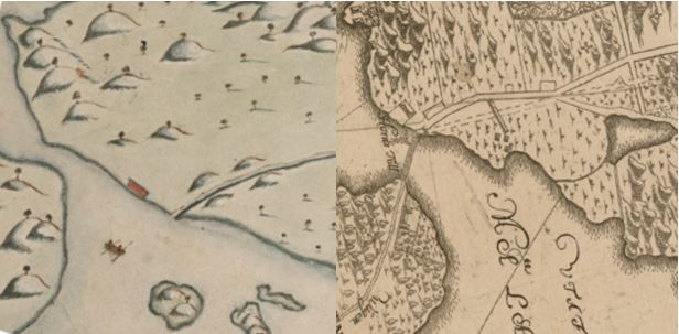 detaljer från 1642 och 1702 års kartor som visar Liljeholmsbrons tillkomst