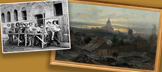 Dekorativt montage: En målning i guldram och ett svartvitt fotografi med män som står framför en nymurad vägg av tegel.