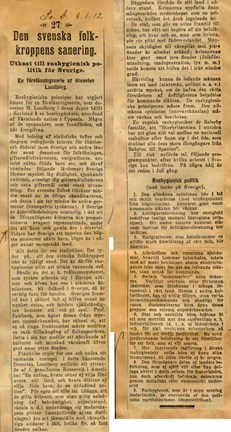 Artikeln "Den svenska folkkroppens sanering", ur Svenska Dagbladet 8 januari 1912.