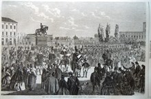 Den sista ståndsriksdagens afblåsning på Gustaf Adolfs torg. Litografi i Ny Illustrerad Tidning, nr 25 den 23 juni 1866