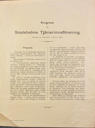 Programblad från Stockholms tjänarinneförening 1904
