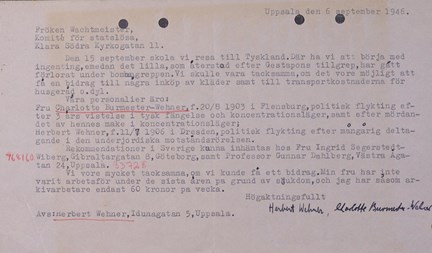 Brev med äskande om bidrag från stadens kommitté för statslösa flyktingar år 1946