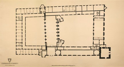 Ritning i stort format av stadshuset, plan av våning 2 trappor, i tusch på gulnat papper