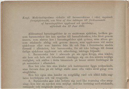 Försiktighetsåtgärder för rikets barnmorskor med anledning av barnsängsfeber, cirkulär från Medicinalstyrelsen 1881
