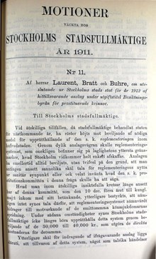 Motion i kommunfullmäktige 1911 om stoppade anslag till reglementeringen av prostituerade
