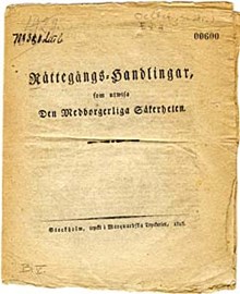 Rättegångs-handlingar, som utwisa den medborgerliga säkerheten. Stockholm, tryckt i Marquardska tryckeriet, 1815.