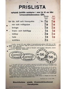 Prislista för kött – Stockholms stads Livsmedelsnämnd 1918 
