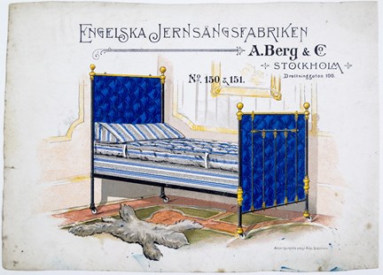 Reklamtryck i flera färger med bild på säng och interiör samt text.