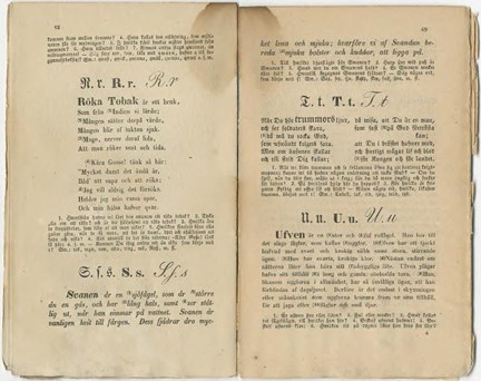 Uppslag för bokstäverna R, S, T och U, ur en ABC-bok från 1842.