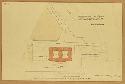 Situationsplan över hur rådhuset skulle placeras enligt Östbergs förslag 1902, i orange på gult papper