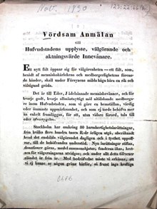 "Vördsam Anmälan till Hufvudstadens upplyste, välgörande och aktningsvärde Innevånare” 1830 