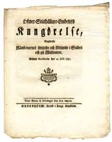 Öfwer-Ståthållare-Embetets Kungörelse, angående ränstenarnes sopande och sköljande i staden och på malmarne. Gifwen Stockholm den 22 julii 1797.