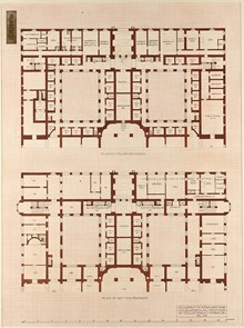 Ragnar Östbergs tävlingsförslag Rådhus ”Mälardrott” 1905, tillägg fullständigt fängelse, plan källar- och bottenvåning
