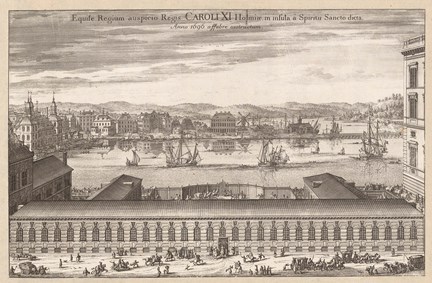 Kungliga stallet på Helgeandsholmen i Stockholm år 1696 - gravyren är hämtad från Suecia antiqua et hodierna