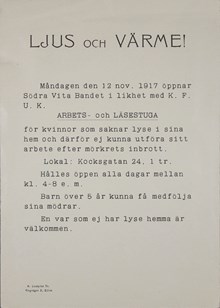 Inbjudan till arbets- och läsestuga för kvinnor som ”sakna lyse i sina hem” - Vita bandets södra förening1917