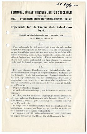 Reglemente för stadens tuberkulosbyrå, år 1933