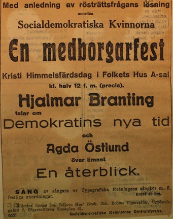 Annons angående medborgarfest med anledning av valet om kvinnors rösträtt 1919