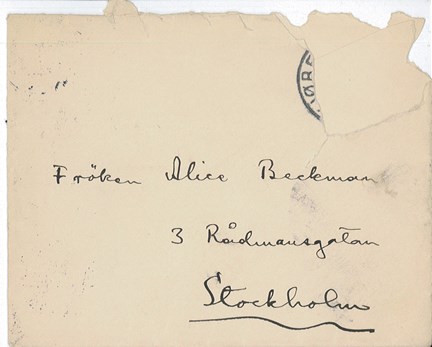 Brev från Nils Strindberg till Alice Beckman om en beställning till polarexpeditionen 1897