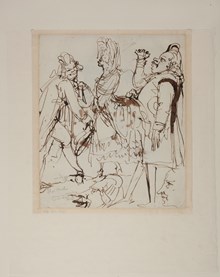 Karikatyr med fyra herrar och en dam, bland dem troligen Elias och Johan Fredrik Martin