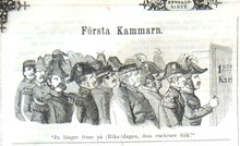 Första Kammarn. Bildskämt i Söndags-Nisse – Illustreradt Veckoblad för Skämt, Humor och Satir, nr 39, den 23 september 1866