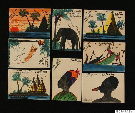 Handritade vykort med bl a en elefant och en dramatisk krokodiljakt. Flera har text även på arabiska.