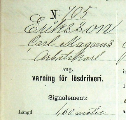 Arbetskarlen Carl Magnus Eriksson, 70, varnad för lösdriveri 12 september 1888 - polisförhör.