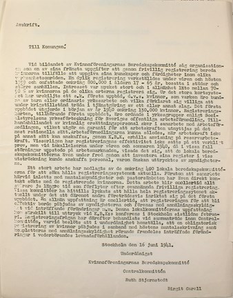 Brev till kungen från Kvinnliga Beredskapskommittén 1941