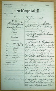 Ogifta Augusta Amanda Lundqvist, 25, häktad för lösdriveri 15 juni 1887 – polisförhör