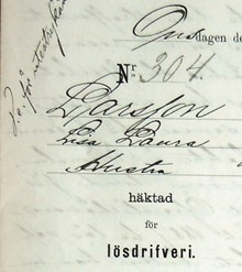 Hustru Lisa Laura Larsson, 48, häktad för lösdriveri 8 maj 1889 - polisförhör