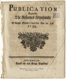 Publication angående the resandes förpassande 1739
