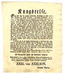 Kungörelse. Som wid thet nu yppade mildwädret snöfallet af taken inne i Staden så upfyllt gatorne, i synnerhet gränderne, at passagen af then fallne snöen til en betydelig del hindras... Stockholm, then 8 april 1784.