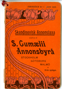 Skandinavisk annonstaxa från S. Gumaeli annonsbyrå mars 1898