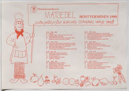 Liggande ark med text i rött och illustration på sidan och under listan med veckomenyerna.