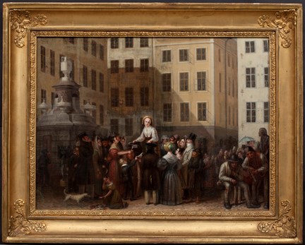 Folksamling på Stortorget runt en kvinna i Leksandsträkt som säljer mjölk från sin vagn. Hon väcker uppståndelse för sin skönhets skull och folk tittar ut från fönstren. 