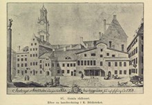 Stortorget i Stockholm med gamla Rådhusbyggnaden innan dess afrifning 1768