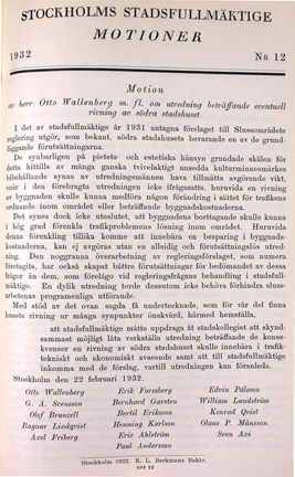 Förslag om att riva Södra Stadshuset vid Slussen - motion till stadsfullmäktige 1932