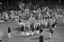 Olympiska spelen i Stockholm 1912. Starten för Marathonloppet den 14 juli 1912 kl. 1.30 e.m.