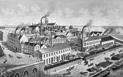 Grafiskt verk över Ludvigsbergs mekaniska verkstad från sjösidan med fabrikörsbostaden Villa Ludvigsberg på höjden.