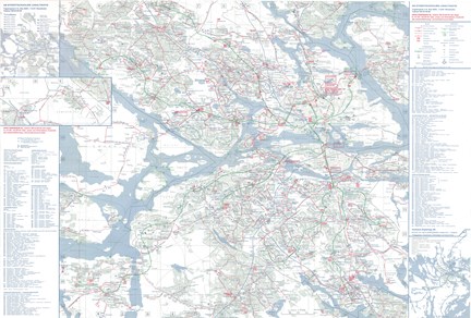 Karta i vitt, grönt och blått inkl. teckenförklaringar