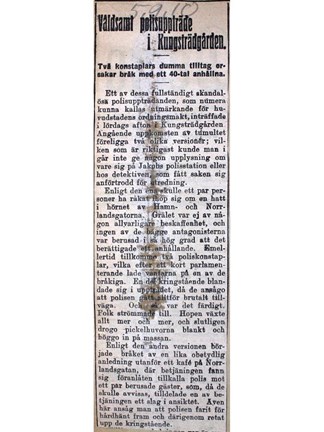"Våldsamt polisuppträde i Kungsträdgården" – artikel Social-Demokraten 1910 