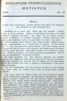 Carl Lindhagen kritiserar funktionalismen - motion till stadsfullmäktige 1930