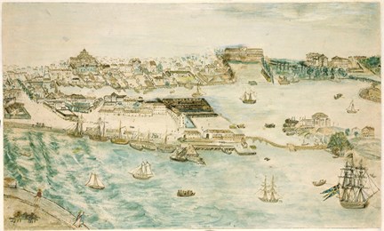 Stadsvy, akvarell som visar Ladugårdslandet och Blasieholmen