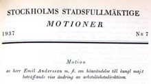 Motion beträffande viss ändring av arbetslöshetsdirektiven - Stadsfullmäktige 1937