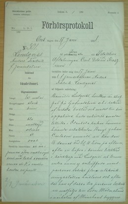 F.d. järnarbetaren Anders Fredrik Lindqvist, 36, häktad för lösdriveri 17 juni 1891 - polisförhör.