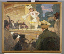 Sveasalen. Interiör med uppträdande artist, troligtvis Dagmar Hansen.