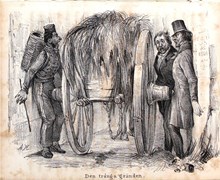 "Hufvudstadens nöjen - Den trånga gränden" (teckning 1841) 