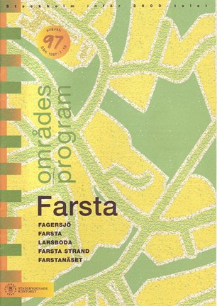 Framsida områdesprogrammet med grön och svart text mot förenklad design av gatunät i grönt och gult