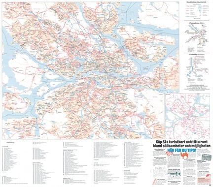 Spårtrafik markerad i blått, busslinjer markerade i rött, på beige karta.