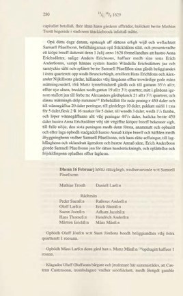 Rättens text om Anna Eriksdotters gårdsförsäljning, ur tryckta tänkeboken 1629.