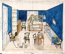 Min första bostad. Salen hos Rydells, uti huset N:ro 28 vid Pihlgatan, Qvarteret Bäckbrännaren mindre (nedra botten)(kopia, utförd av Annastina Alkman, f. Rydell)